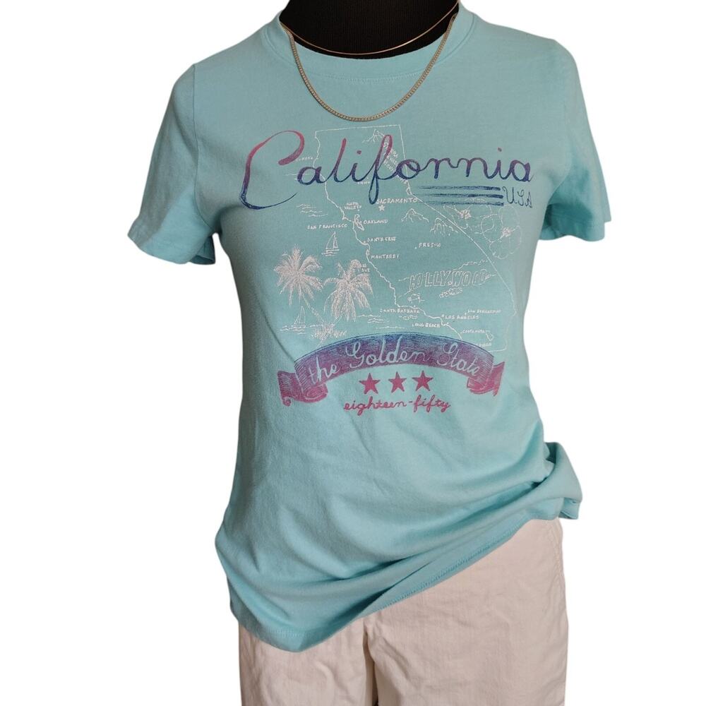 California Graphic Tee Women's Shirt Blue Small Graphic Vacation Map